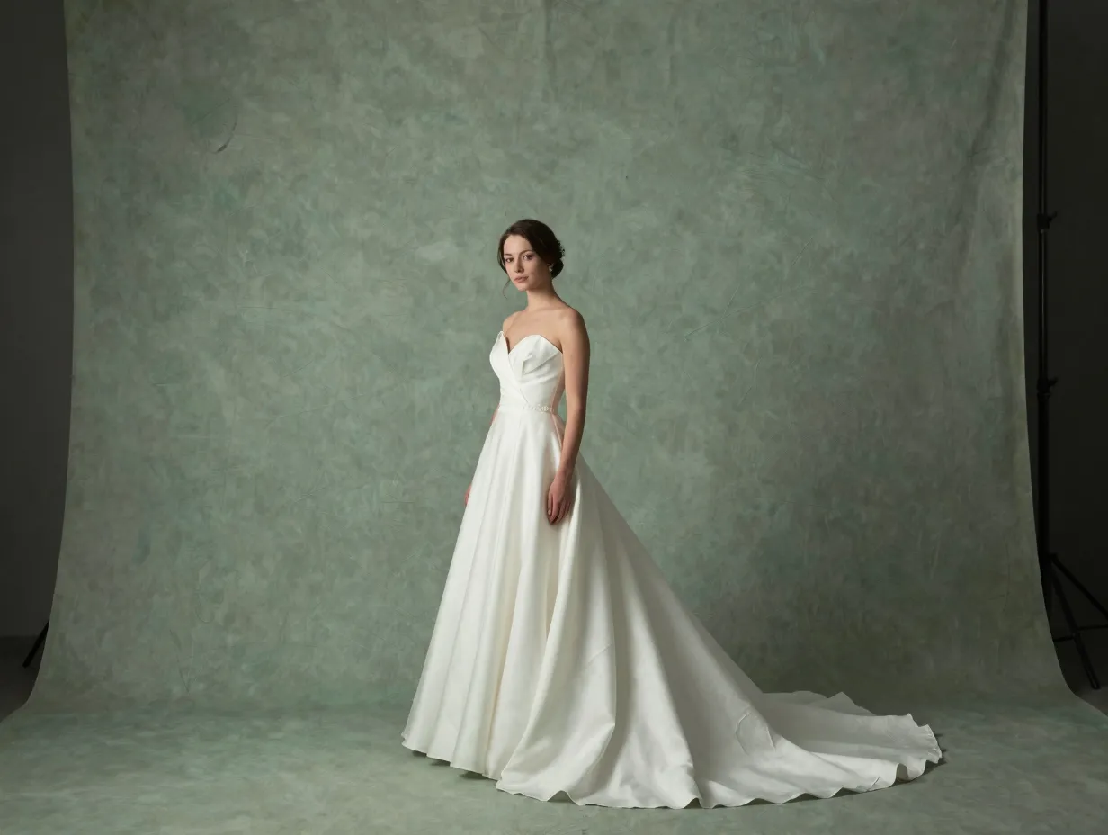 Bride portrait against large hand painted muted sage green artisanal backdrop