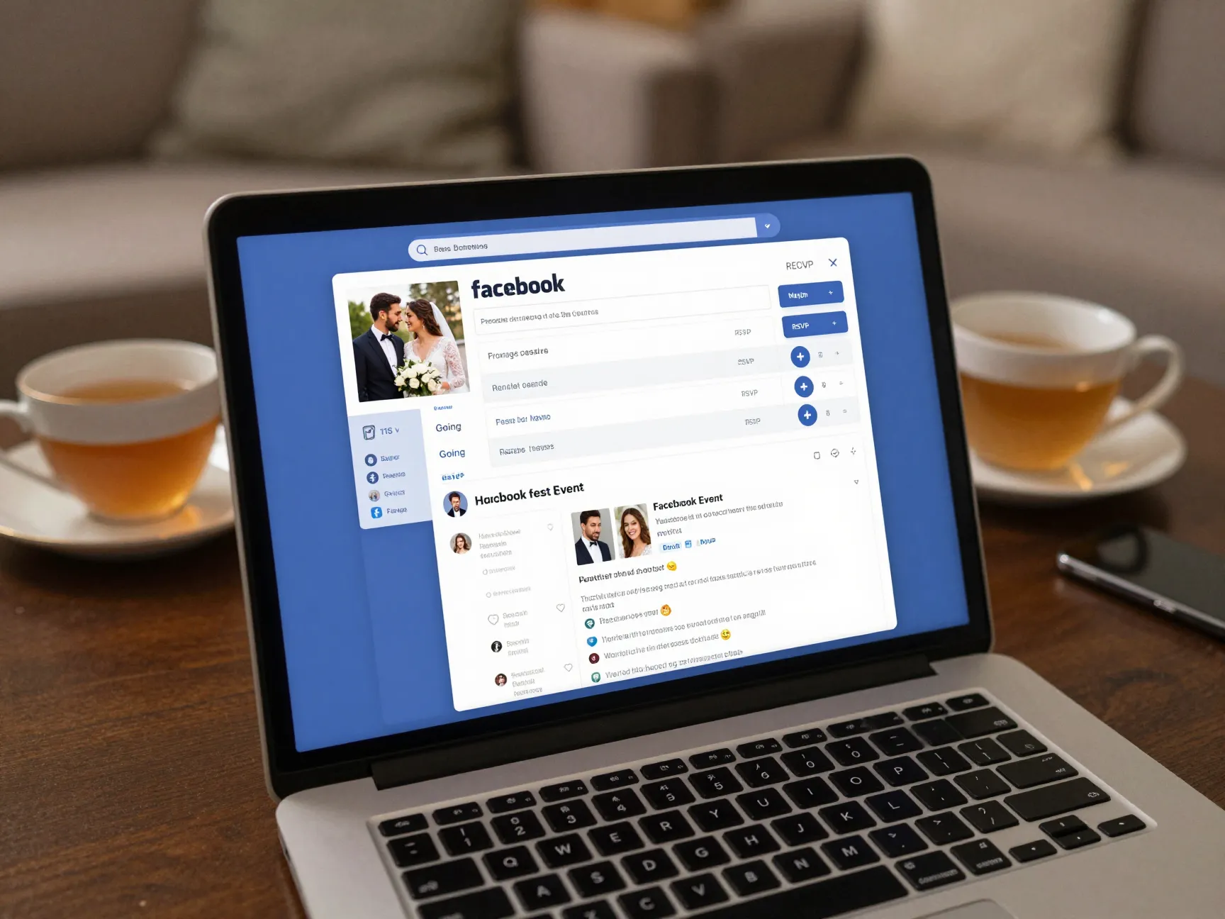 Laptop showing a private facebook event page for a wedding with guest interactions