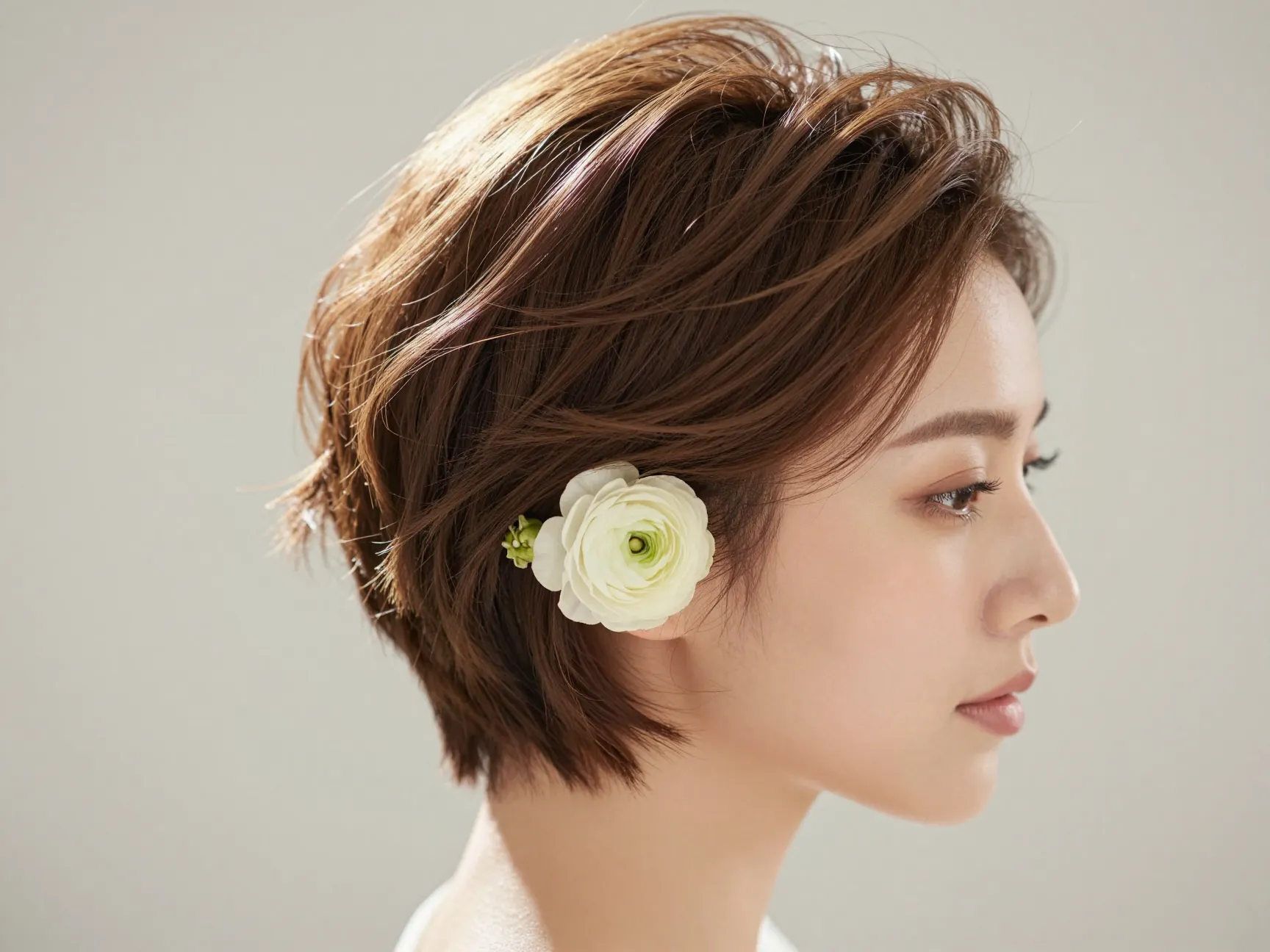 Soft sculpted pixie wedding hairstyle fresh flower behind ear