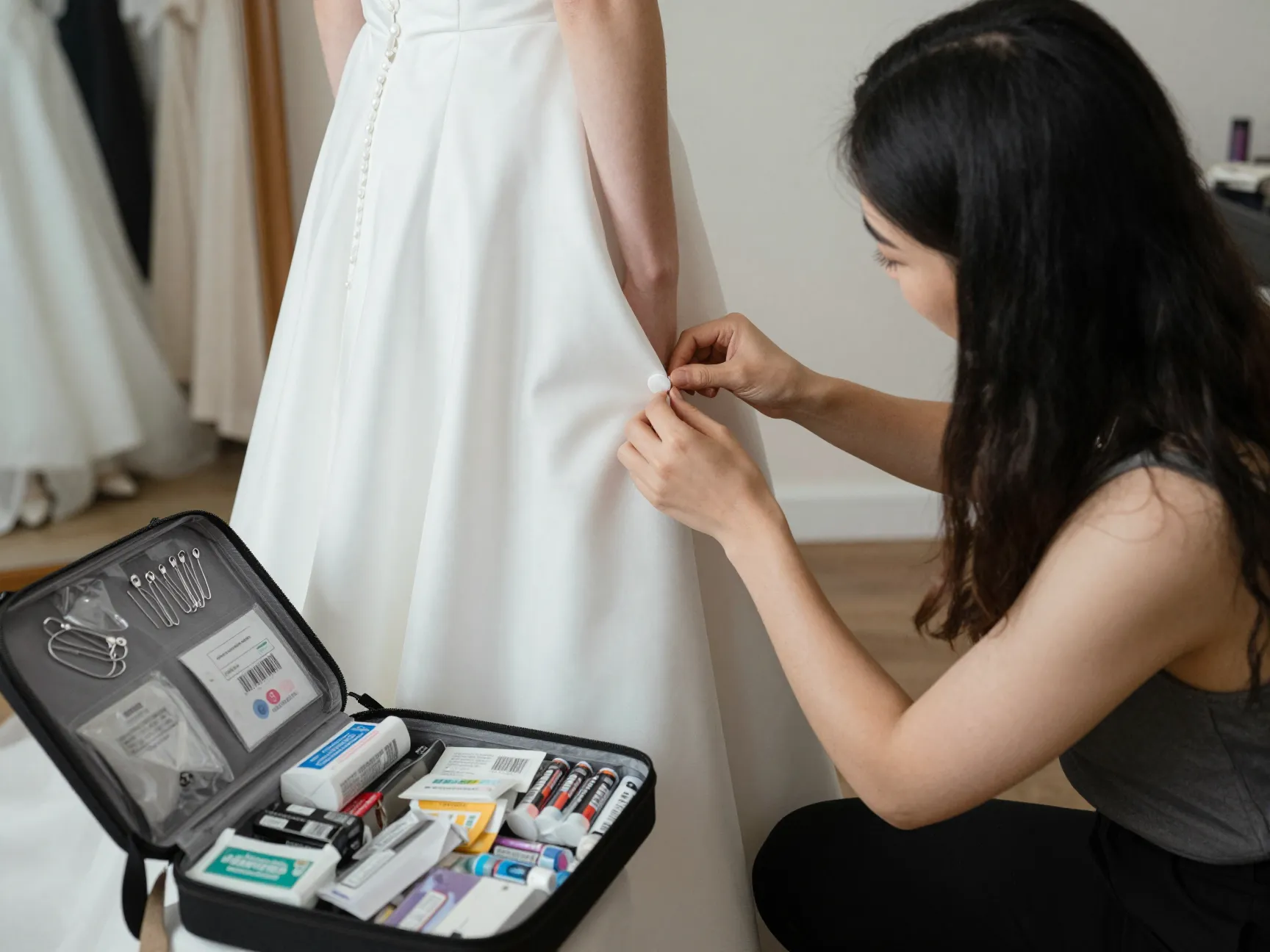 Wedding planner using emergency kit to fix brides dress button calmly