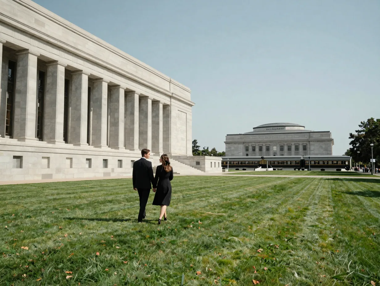 Wwi museum couple on memorial lawn with stone architecture