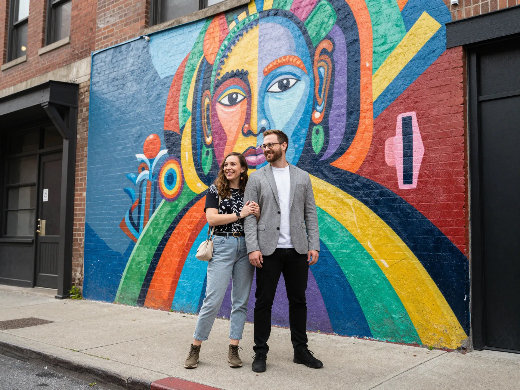 Crossroads district couple with colorful street mural backdrop