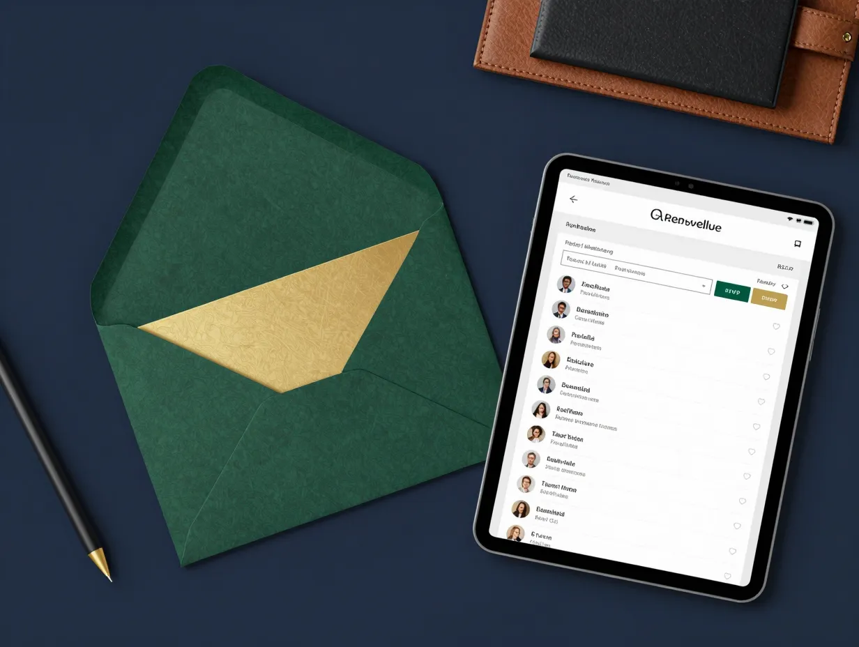 Greenvelope luxury digital invitation with paper texture and rsvp dashboard on tablet