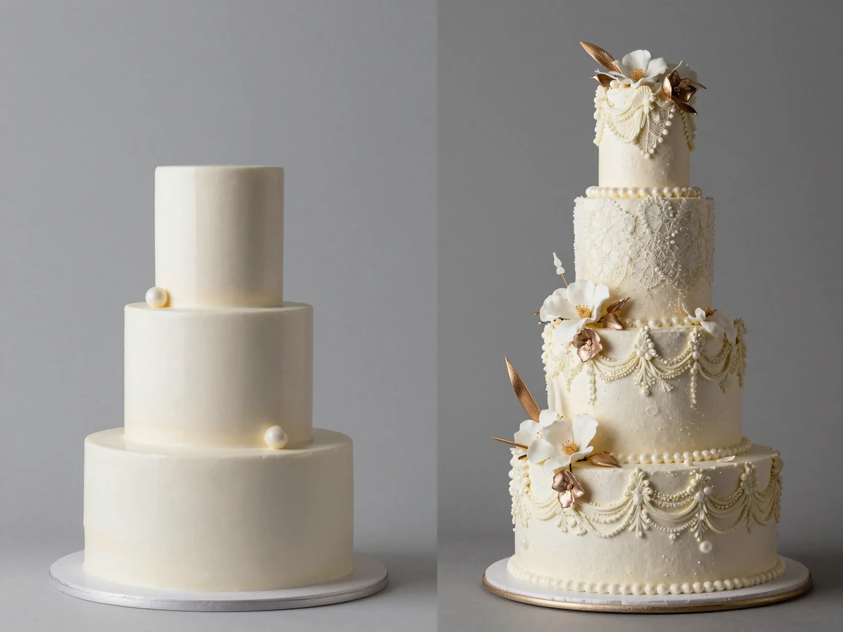 Minimalist semi naked cake versus maximalist elaborate tiered cake