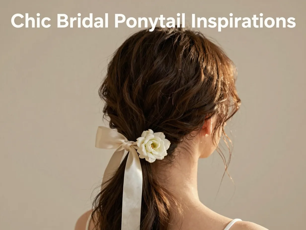 Elegant low ponytail satin ribbon bow fresh floral adornment bridal detail