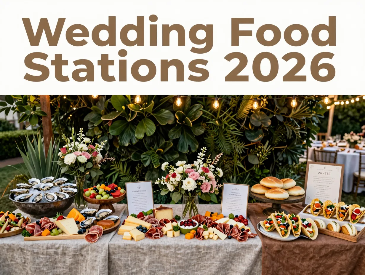 Gourmet wedding food stations grazing seafood global street light