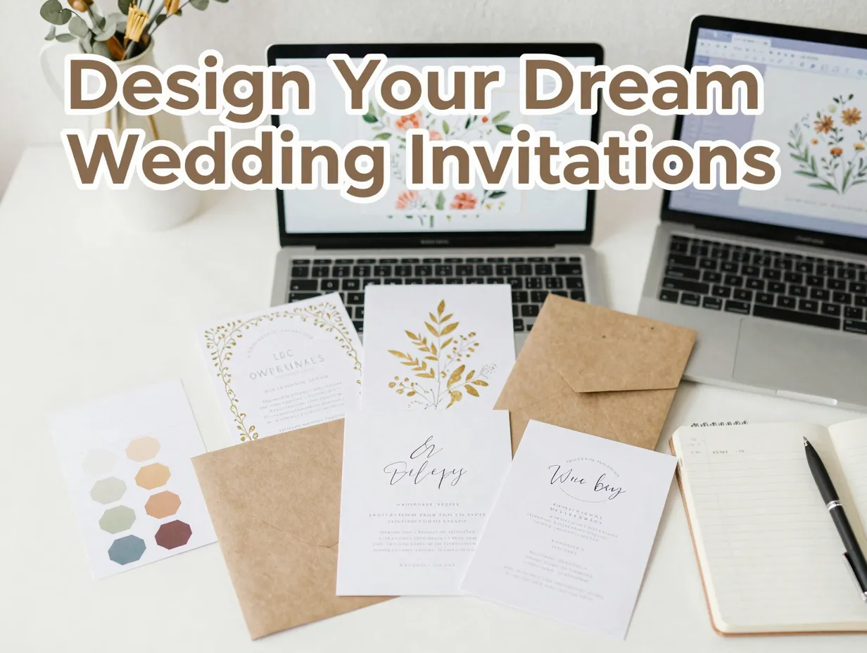 Laptop canva invitations floral gold foil kraft paper hex swatches flatlay