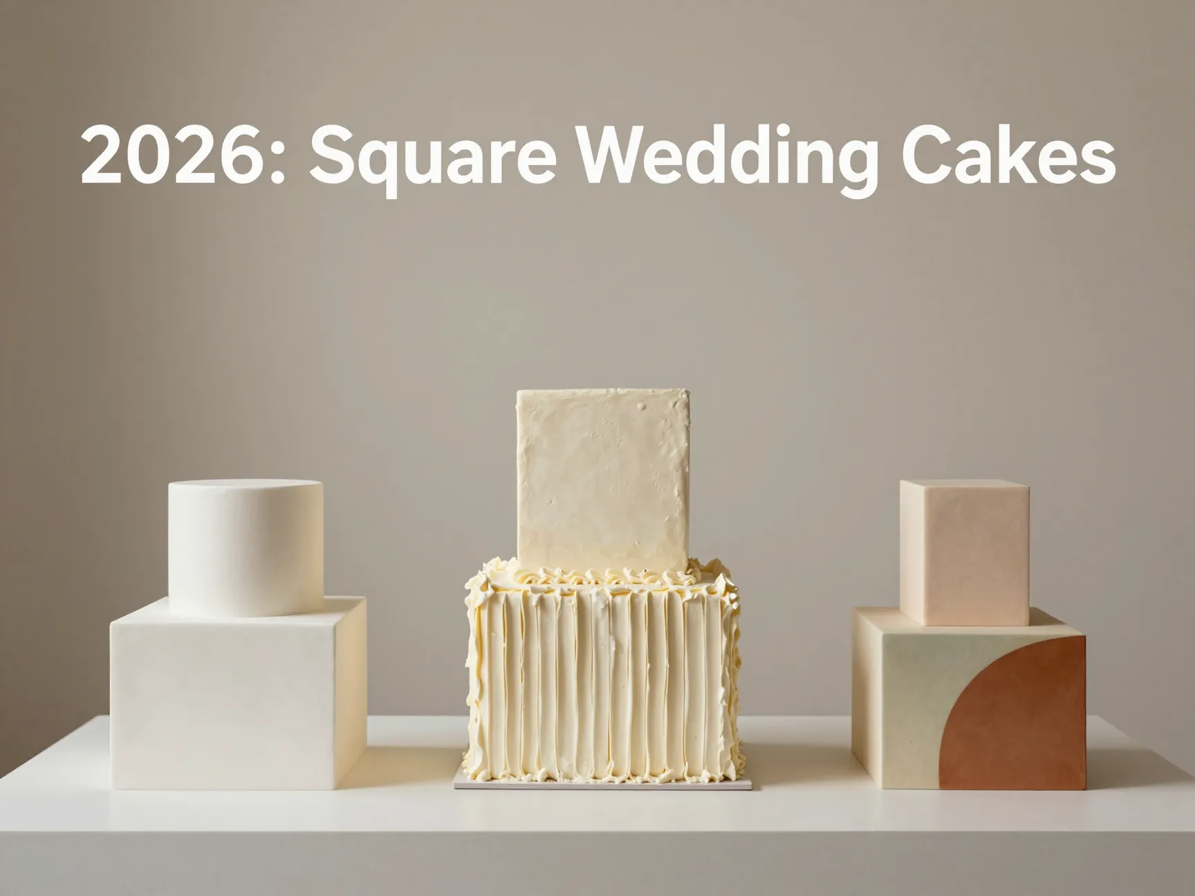 Three modern square wedding cakes studio shot minimalist textured geometric