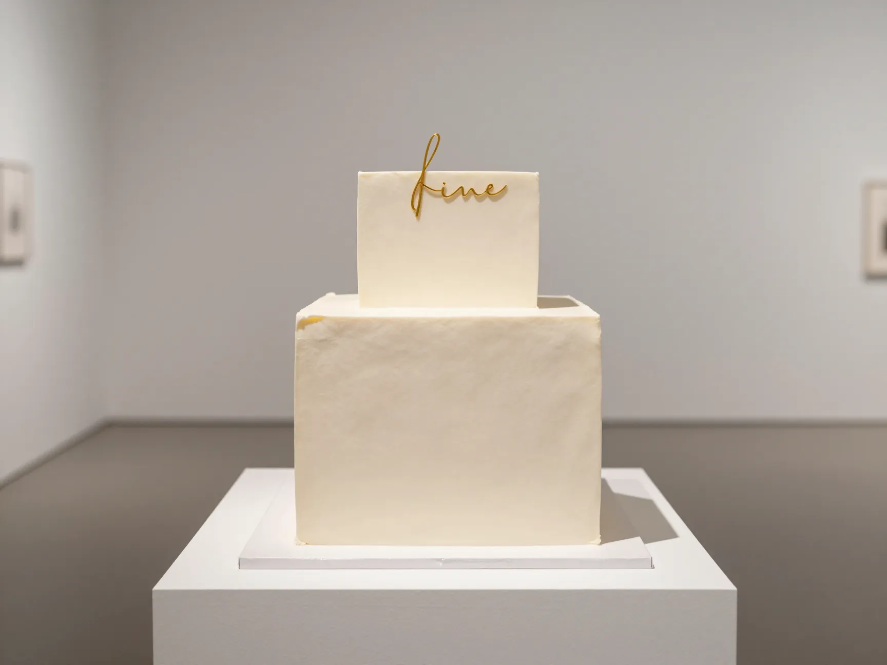 Minimalist square wedding cake with gold wire monogram in gallery space