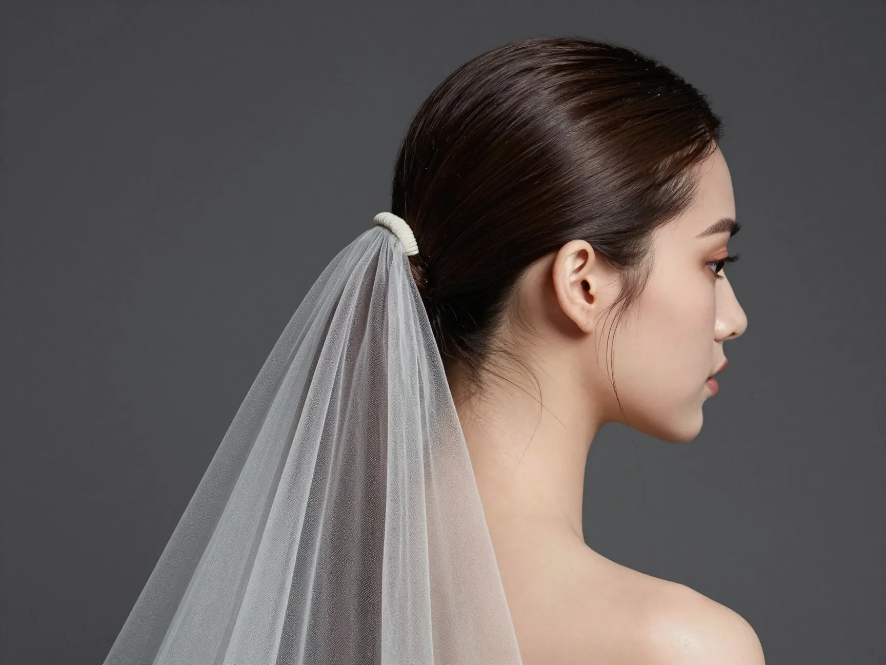 Sleek high bridal ponytail with cathedral veil and wispy tendrils