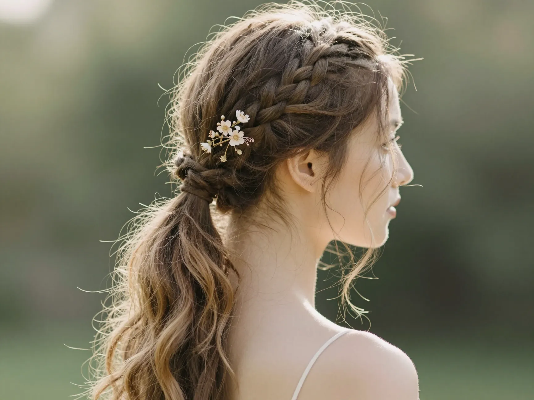 Braided wrap ponytail with floral pin and loose wavy tendrils