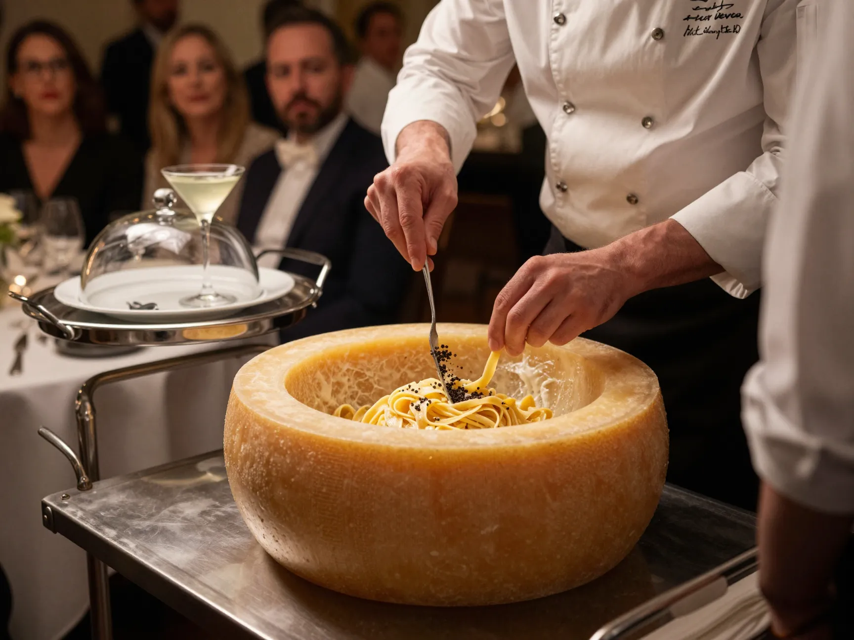 Chef preparing cacio e pepe pasta inside a melted parmigiano reggiano wheel tableside