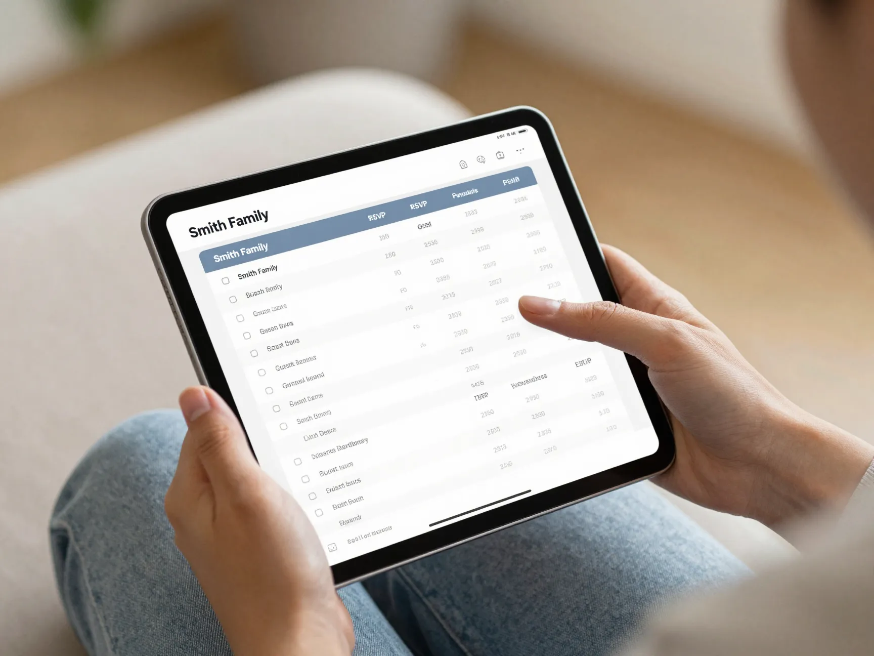 Digital guest list with household grouping on tablet screen