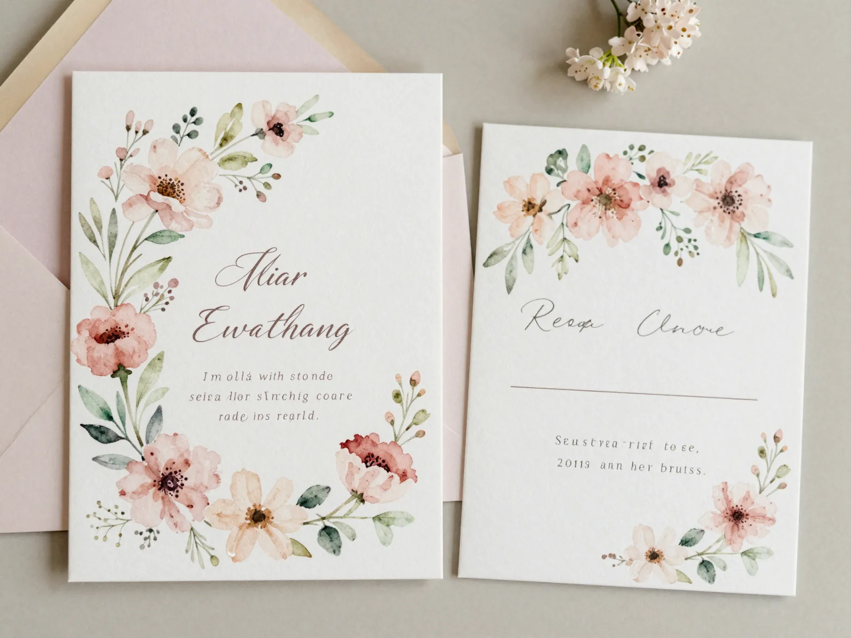 Romantic floral wedding invitation with watercolor flowers and monogram