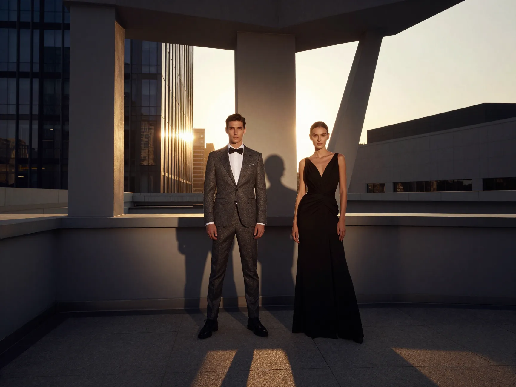 Editorial style photography couple on a rooftop with dramatic lighting