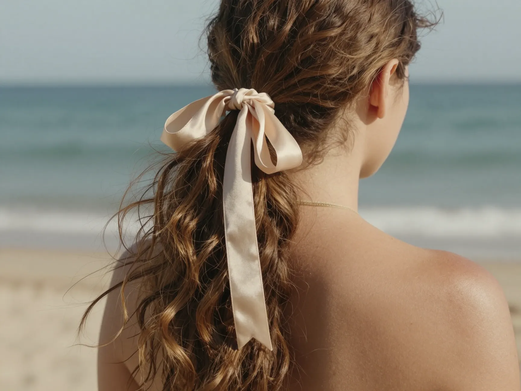 Textured low tousled ponytail at nape with satin ribbon