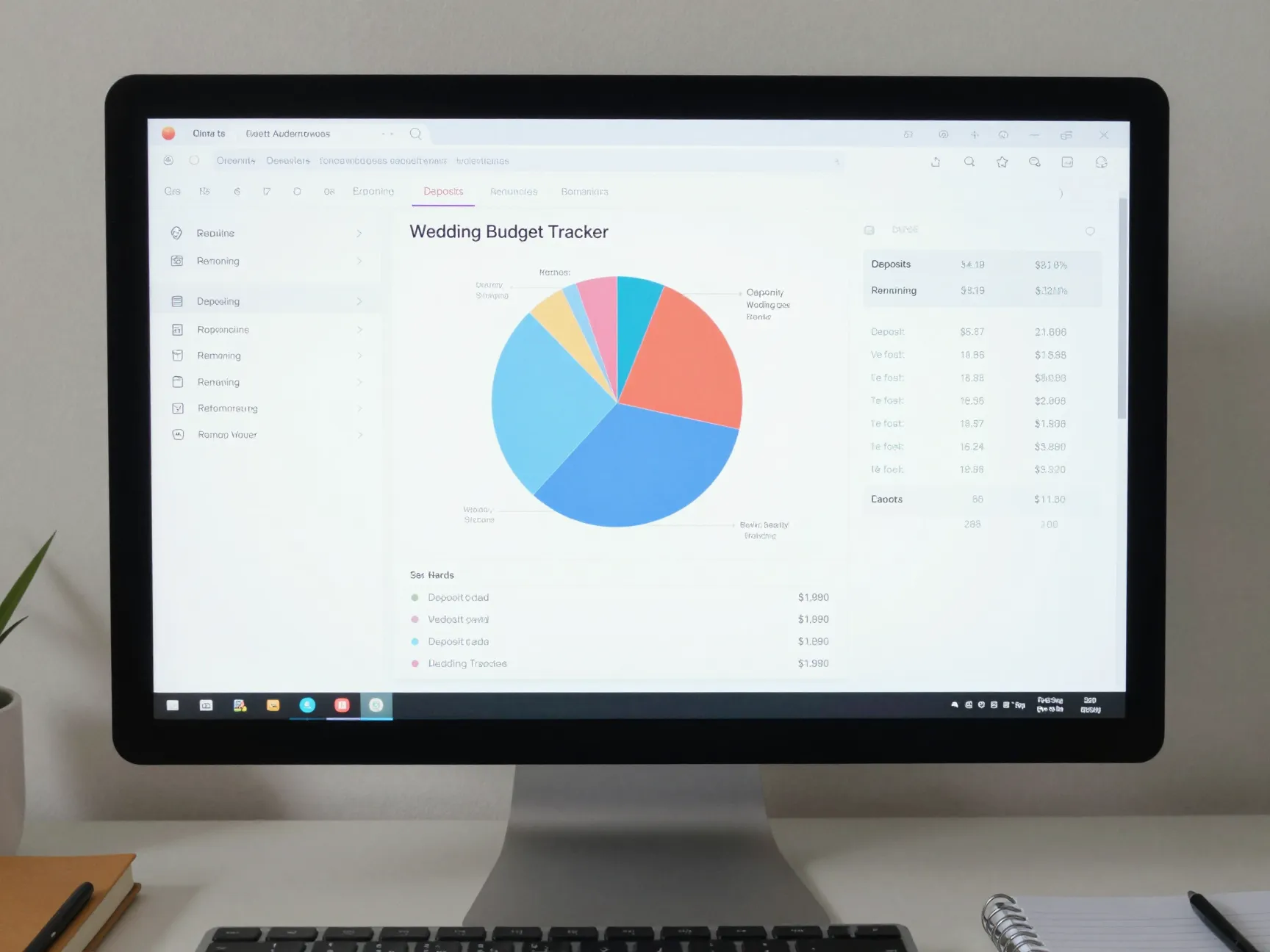 Wedding budget tracker with visual charts on desktop monitor