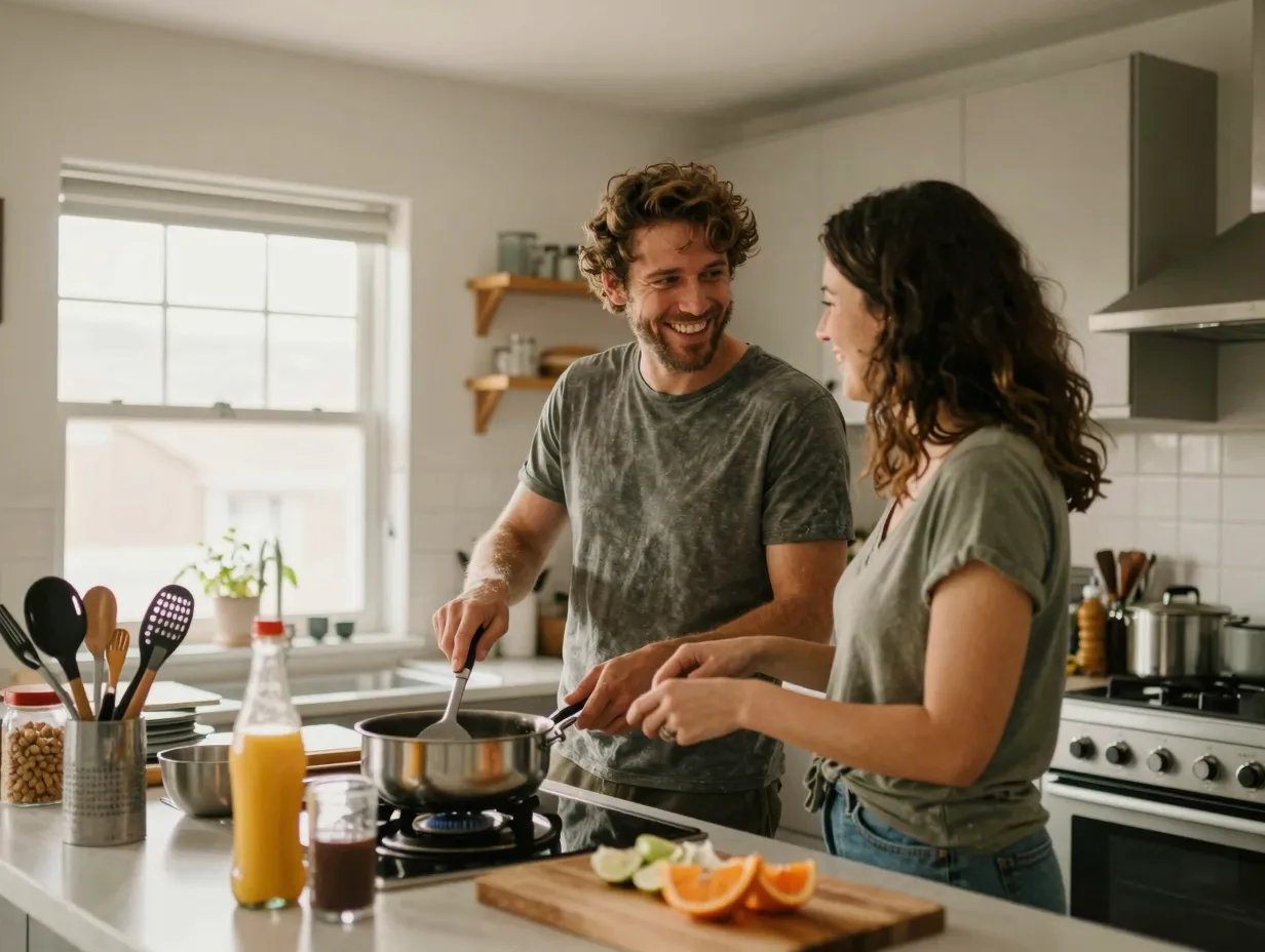 Lifestyle engagement session couple cooking together in their home kitchen
