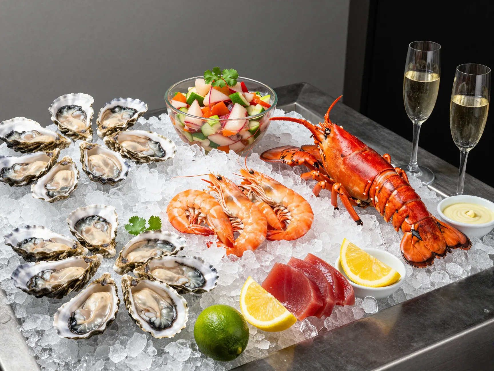 Luxurious raw seafood bar with oysters shrimp ceviche and lobster on ice