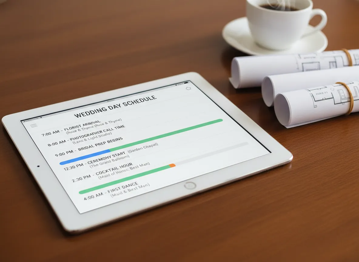 Detailed wedding day timeline with vendor schedule on tablet