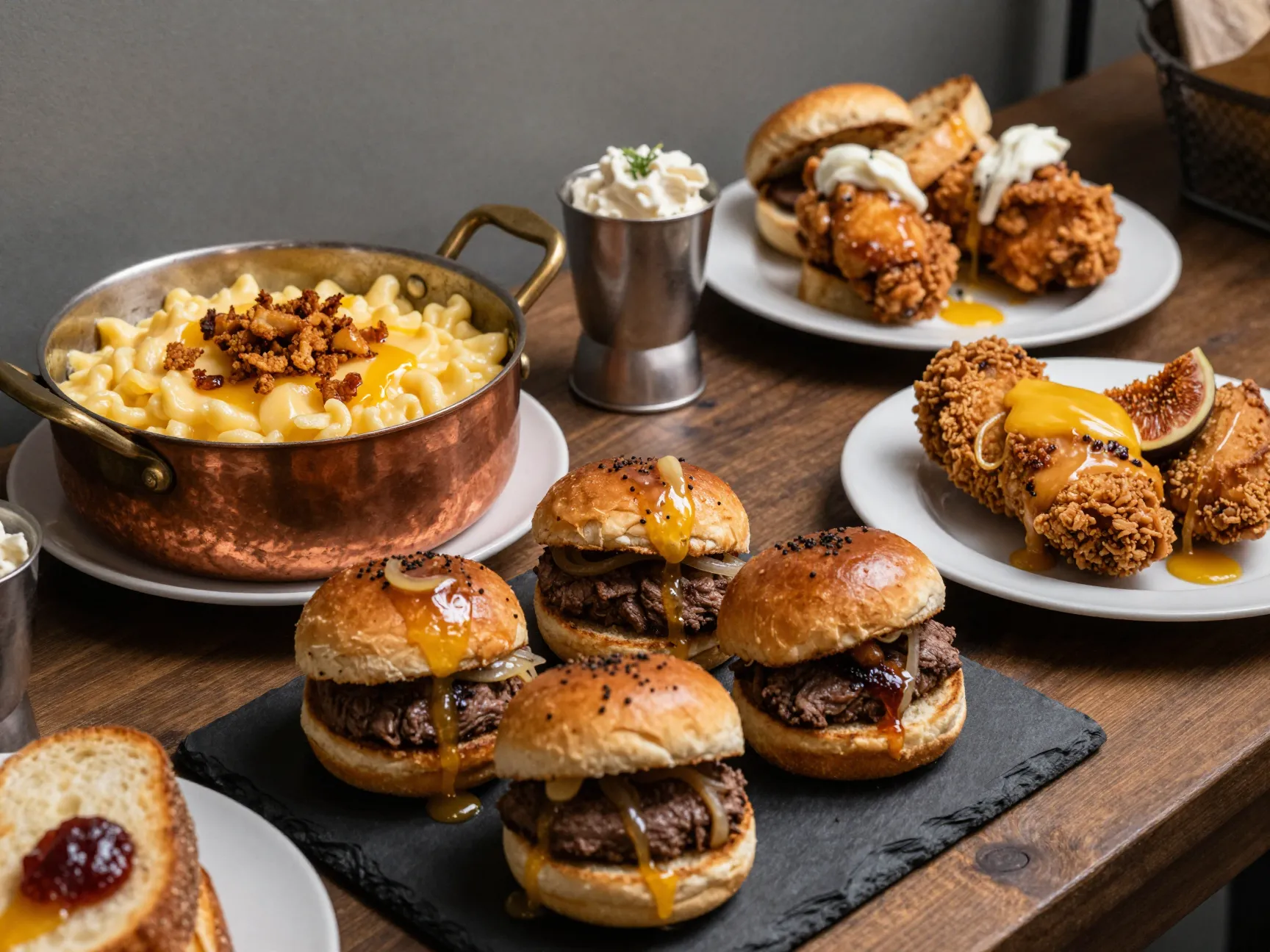 Elevated comfort food station with truffle mac wagyu sliders and buttermilk chicken