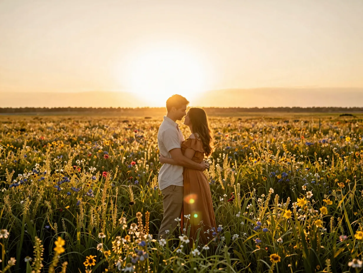 Golden hour photography couple embracing in a field of wildflowers
