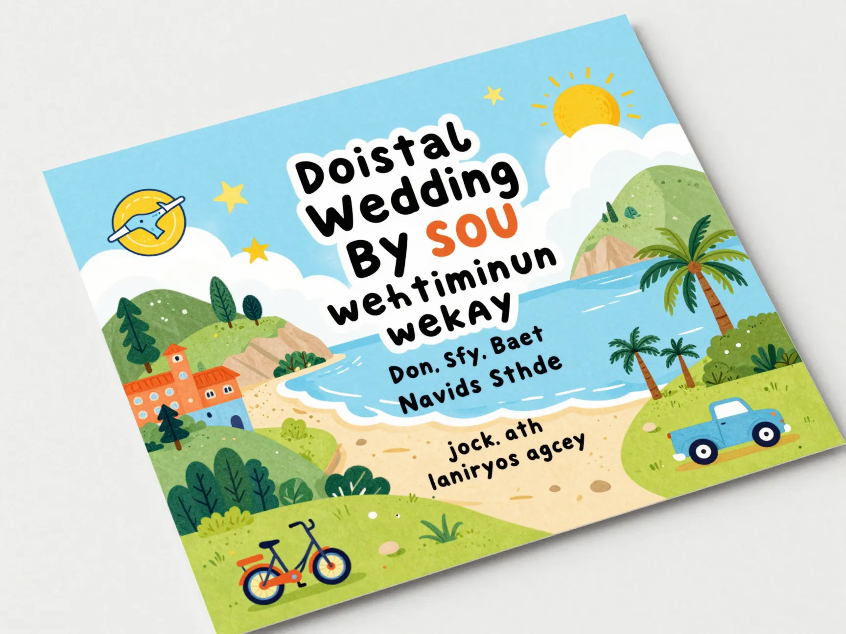 Whimsical illustrated destination wedding invitation with cartoon landscape