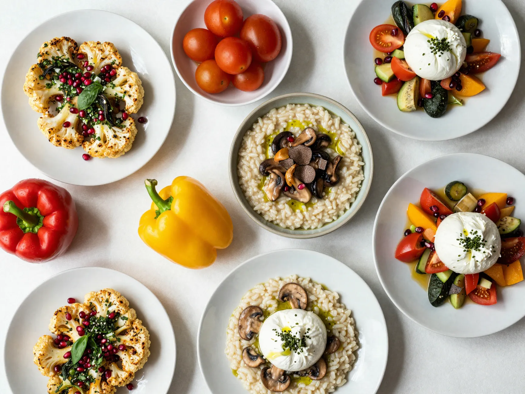 Bold plant forward station with cauliflower steaks mushroom risotto and burrata