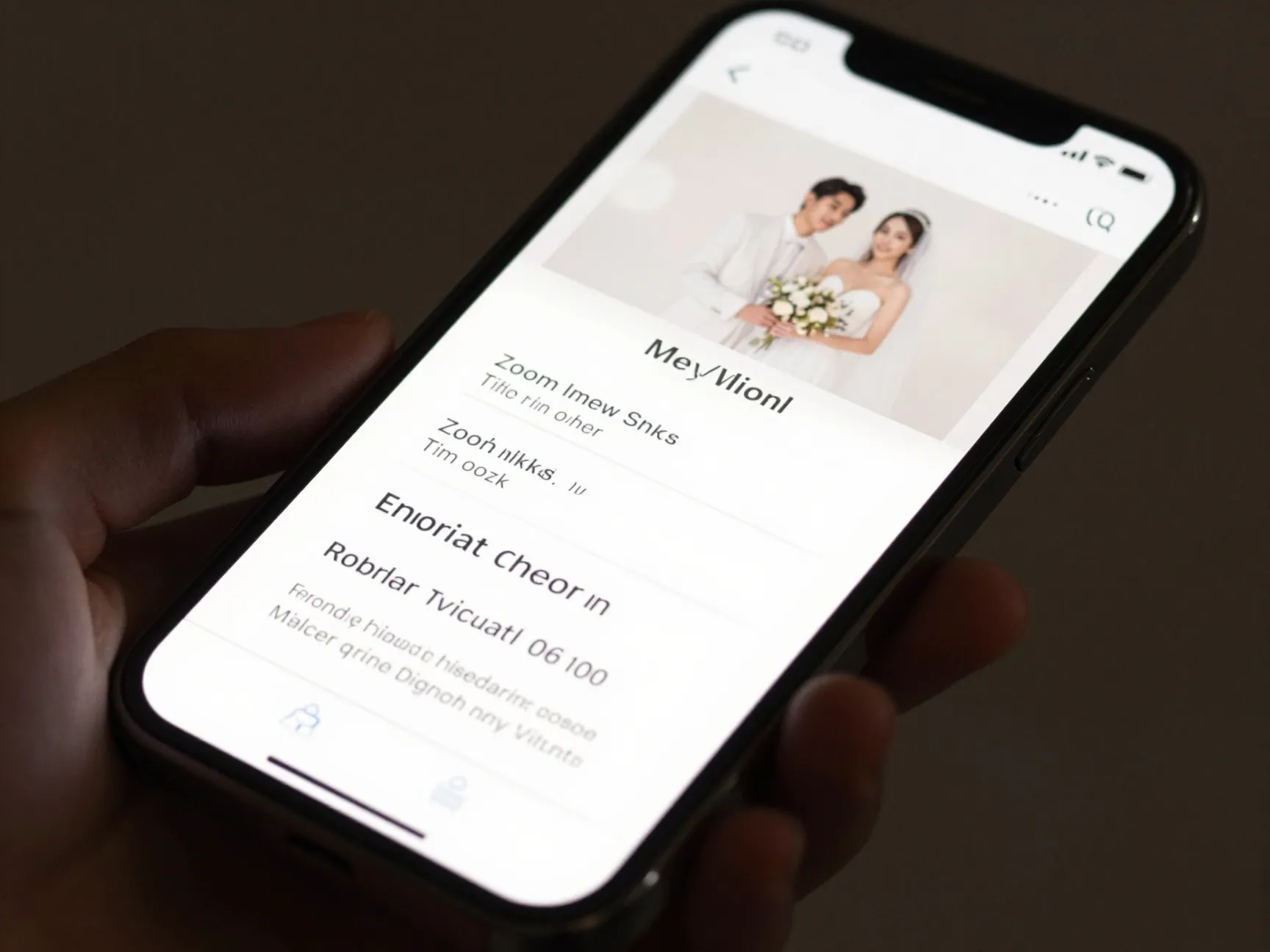 Digital virtual wedding invitation on smartphone screen with clickable elements
