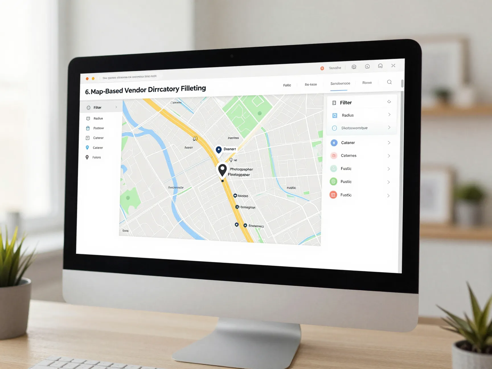 Map based vendor directory filtering on a desktop screen