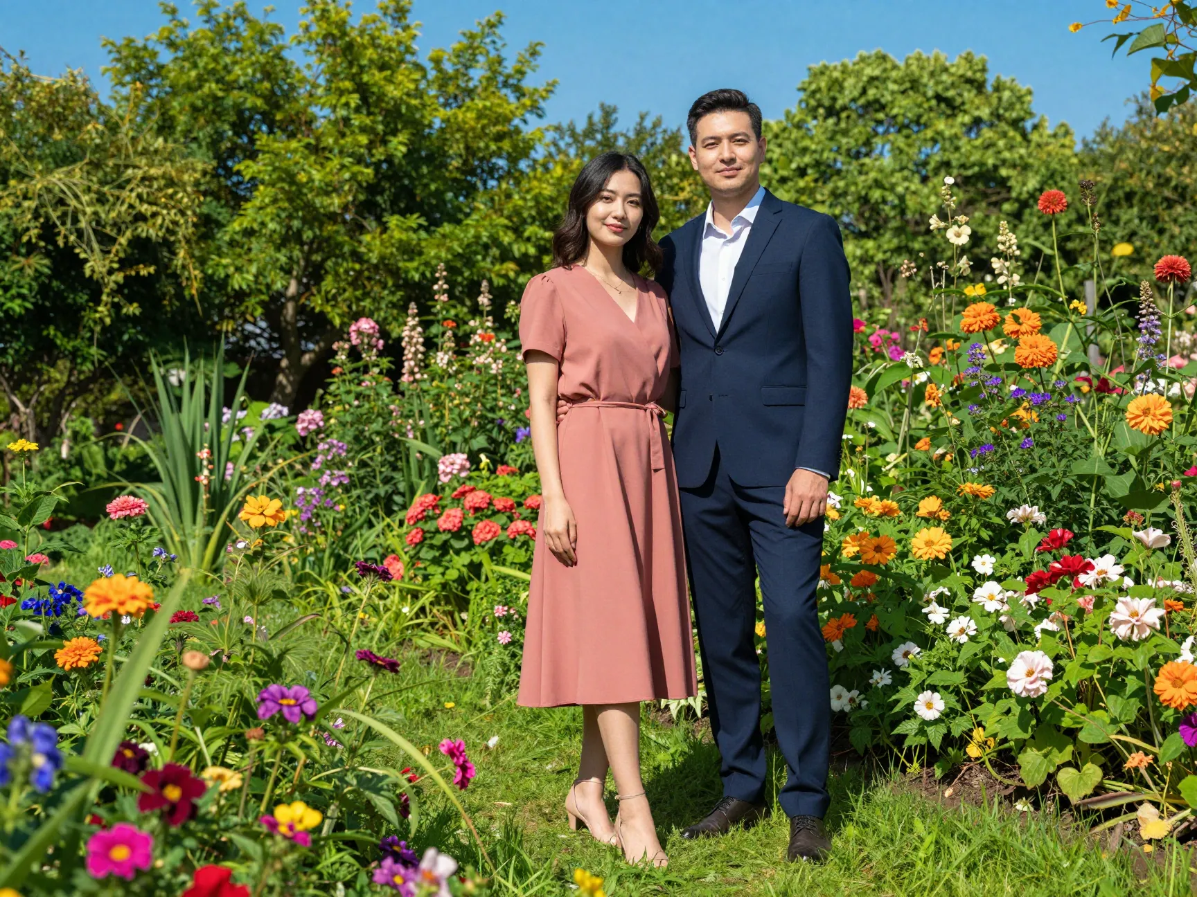 True to life color photography couple in a vibrant garden setting