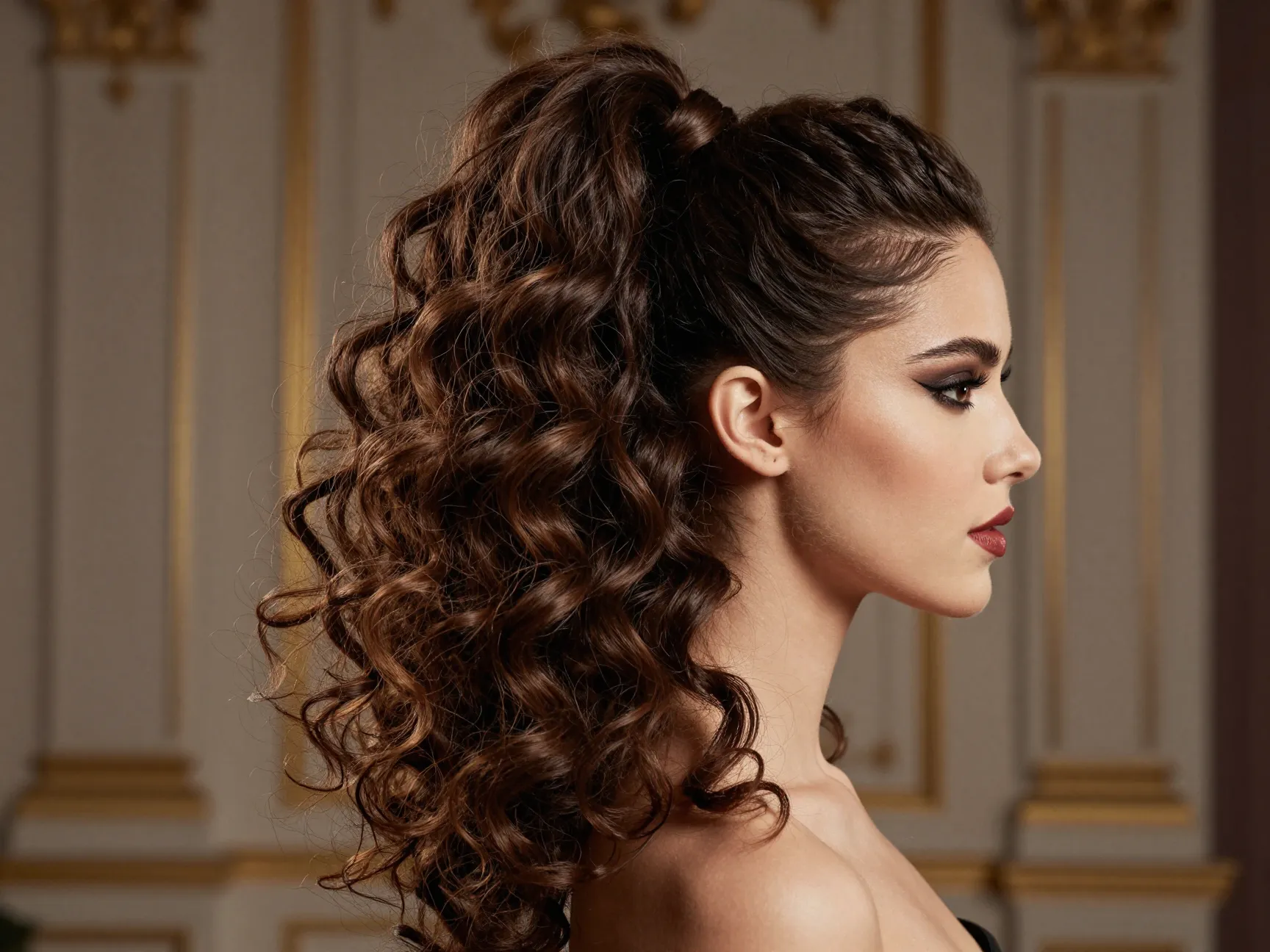 Voluminous curled ponytail with defined layered bouncy curls