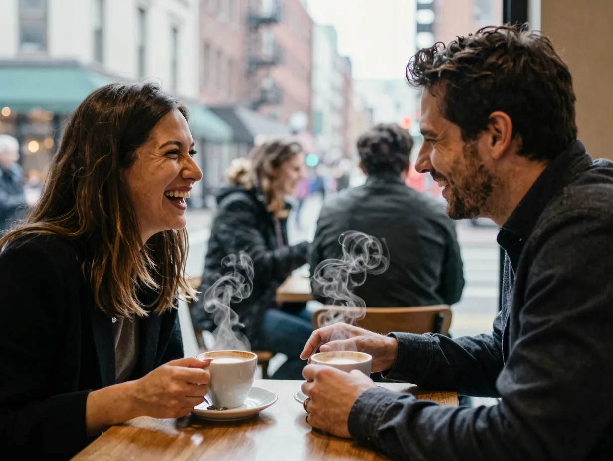 Documentary style candid moment at a busy city cafe