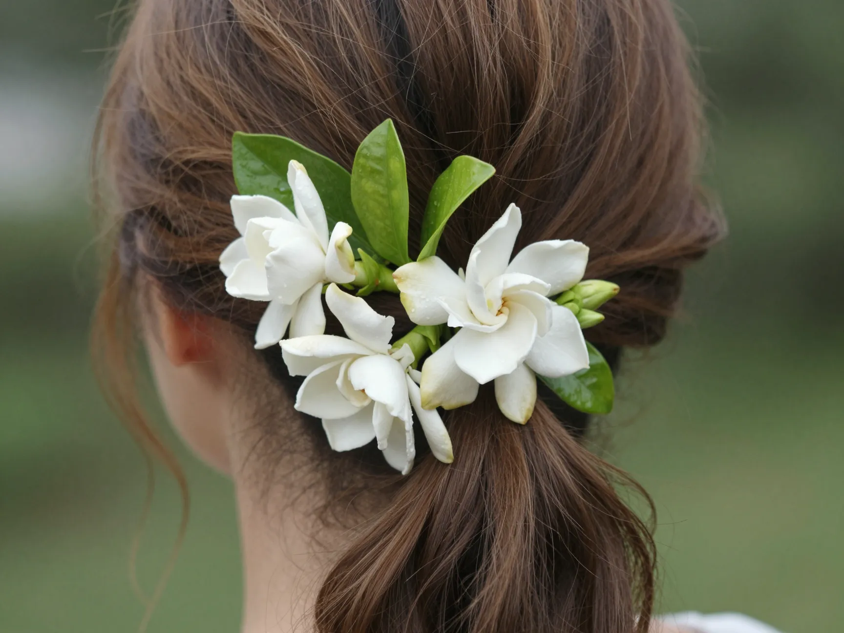 Low ponytail adorned with cluster of fresh white gardenia flowers