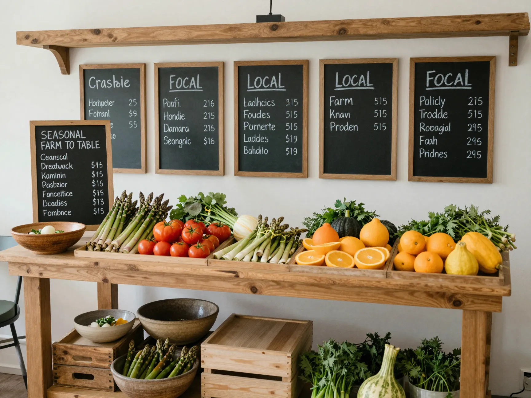 Seasonal farm to table station with local produce and storytelling chalkboard signage
