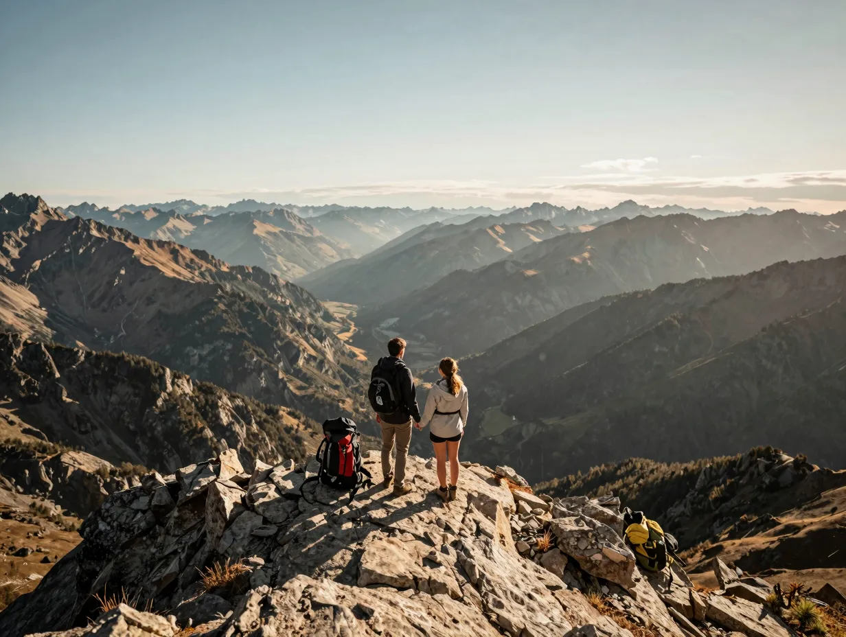 Destination engagement shoot couple at a mountain peak summit