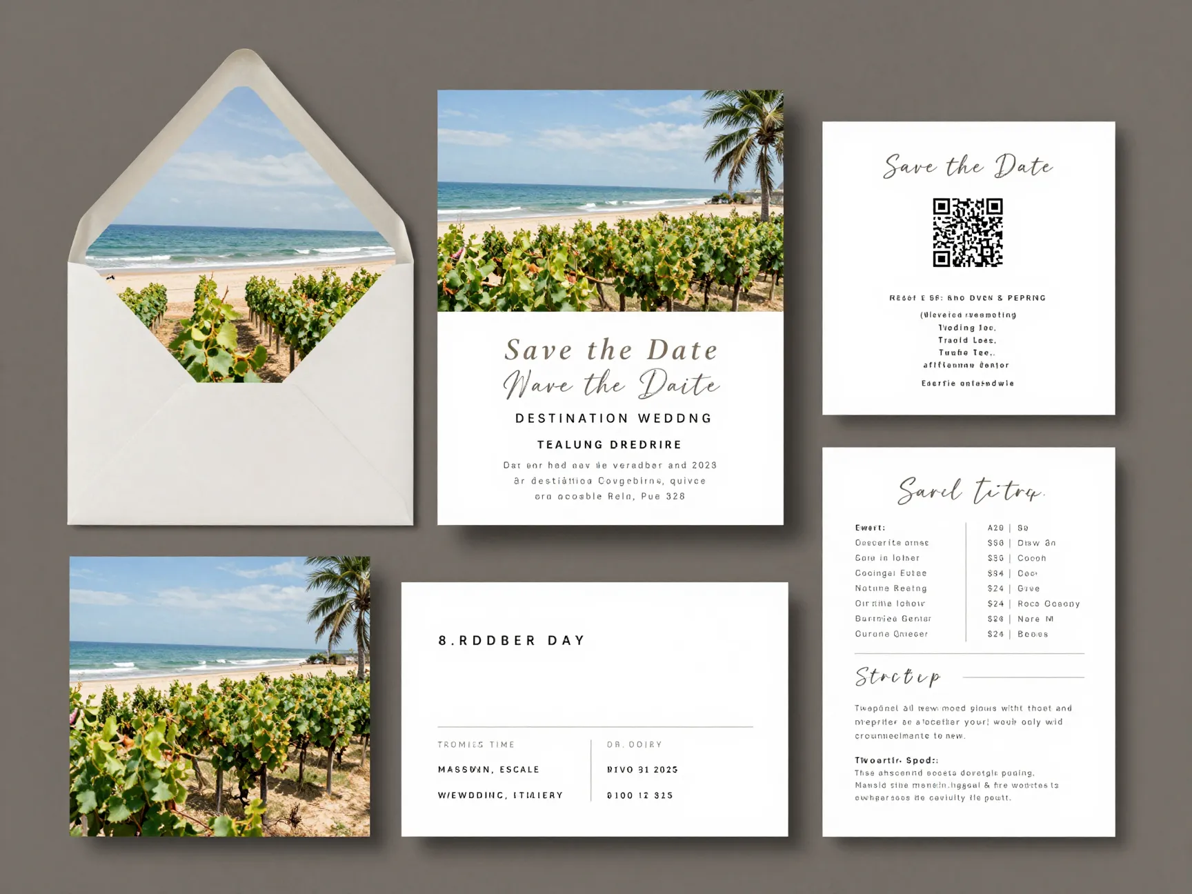Destination wedding invitation suite with venue photo and travel details qr code