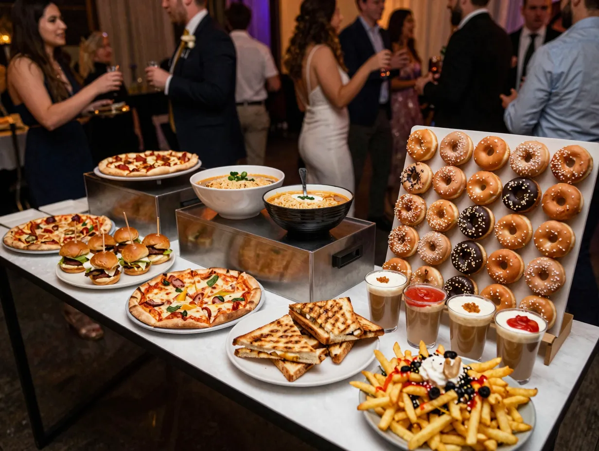 Late night snack station with mini sliders pizza and donuts near the dance floor