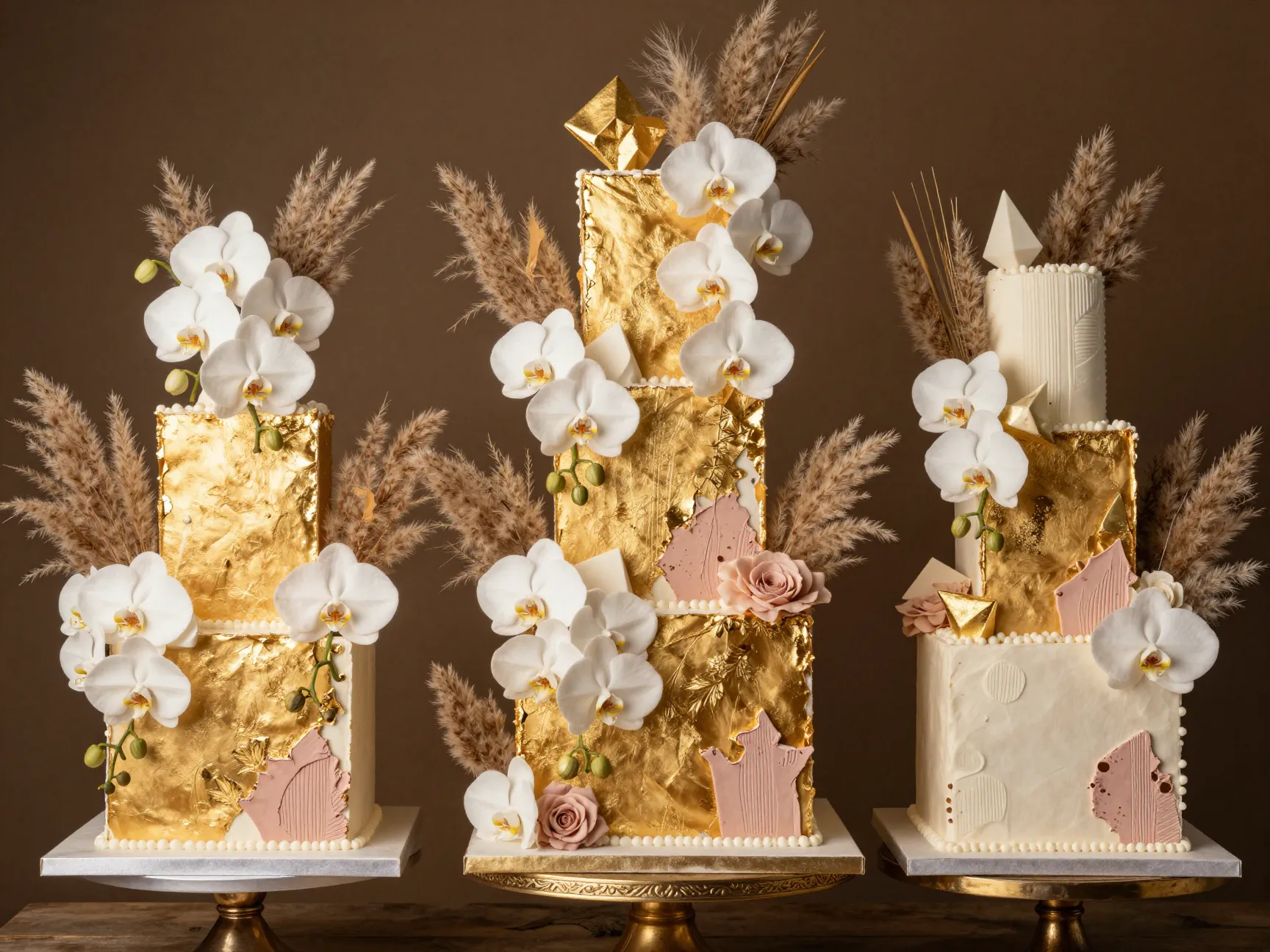 Maximalist mixed media square cake with gold leaf and fresh florals
