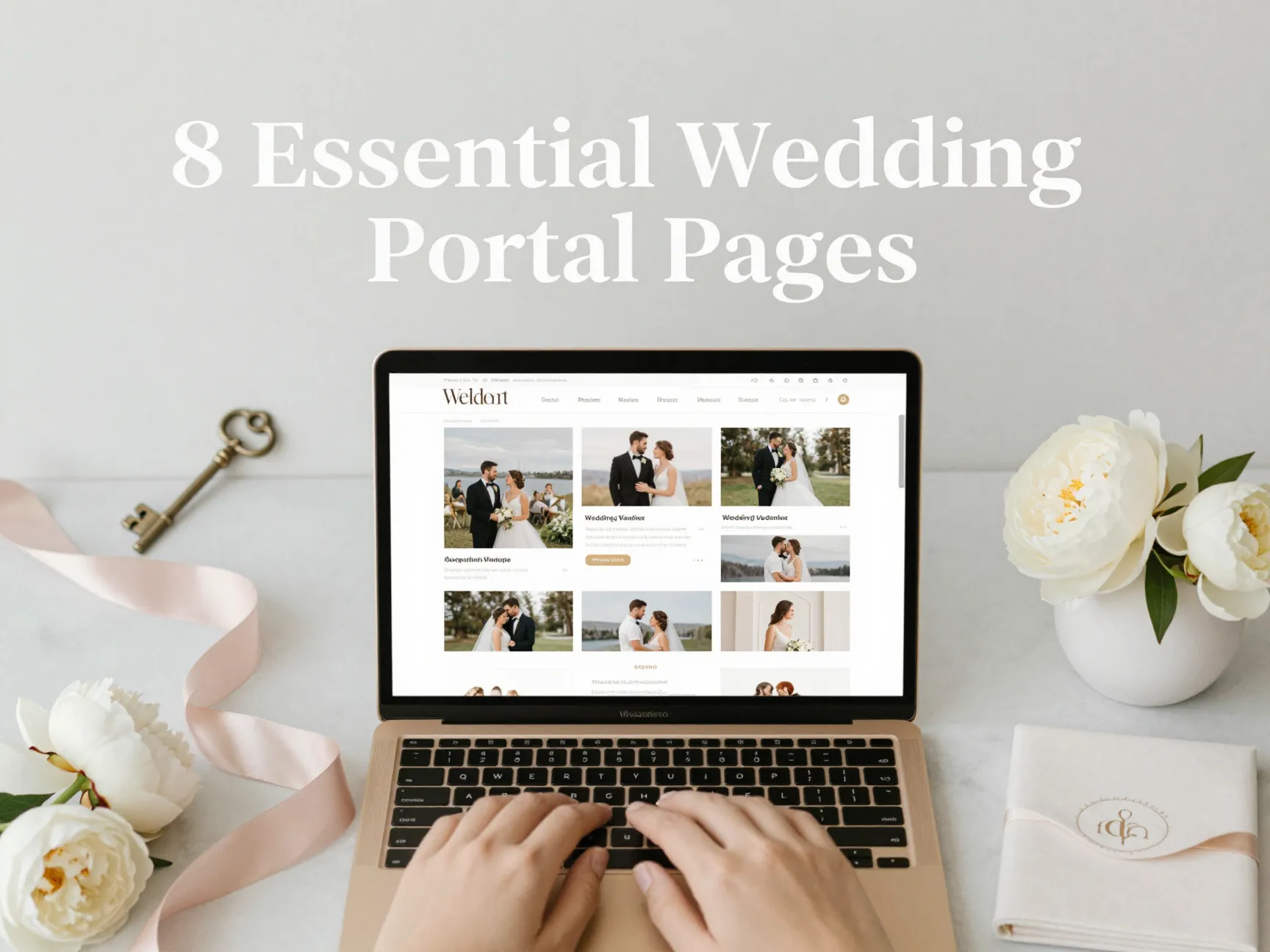 Aerial laptop showing eight website thumbnails surrounded by wedding planner tools flat lay