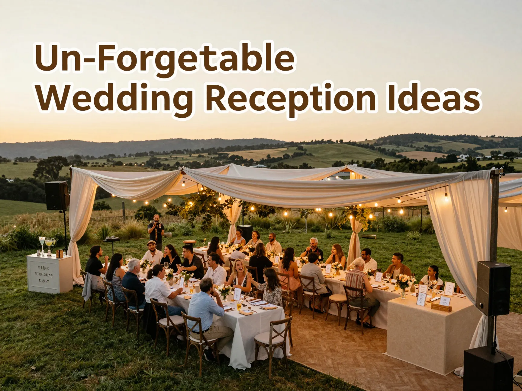 Aerial view personalized table draped ceiling countryside golden hour