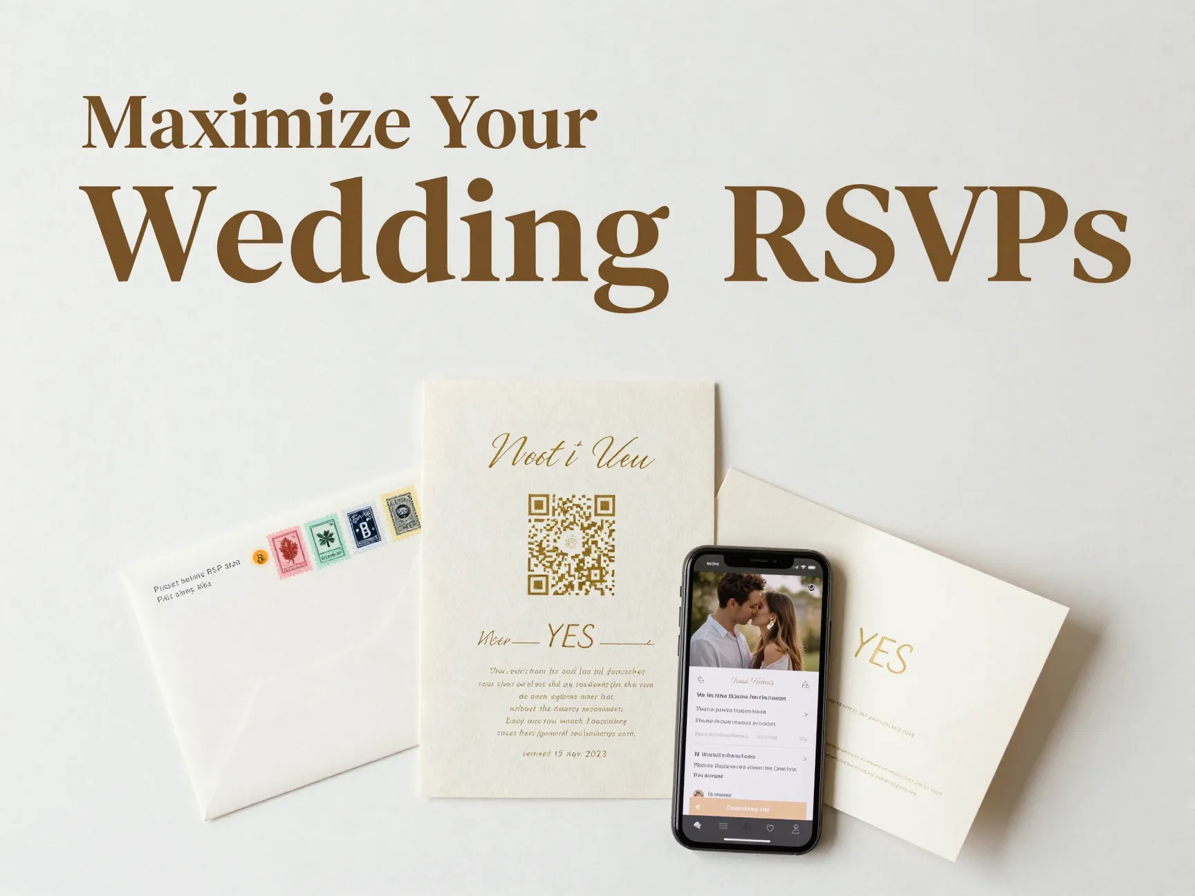 Elegant wedding invitation suite with qr code and return envelope flat lay