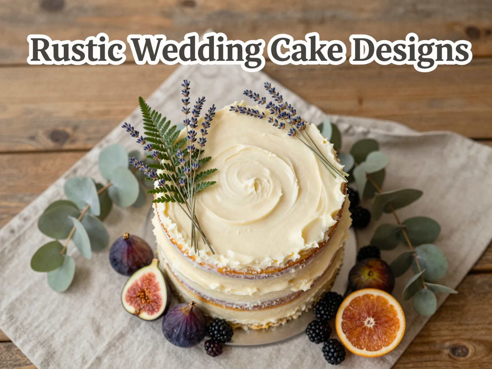 Naked cake dried lavender pressed ferns figs blackberries on linen