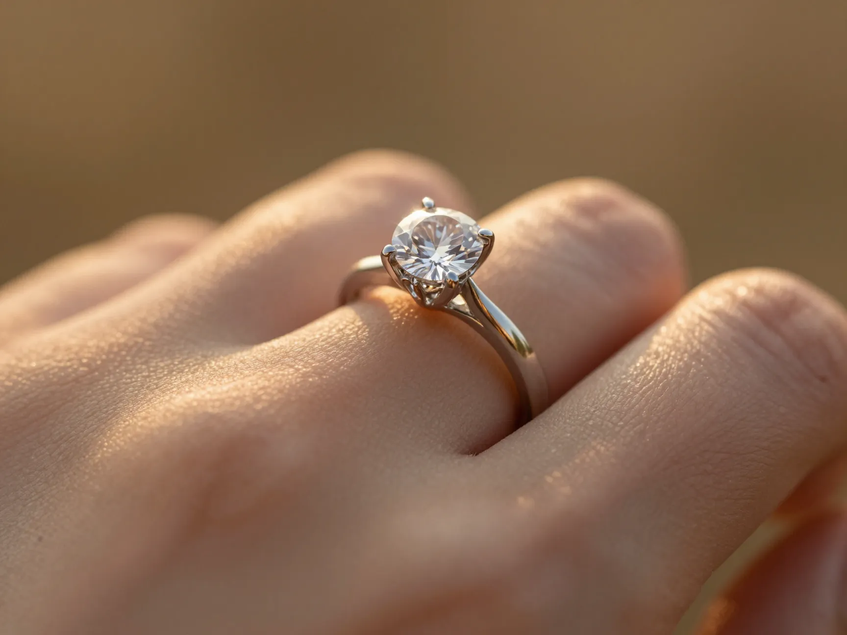 Diamond engagement ring glowing with warm sunset light on a hand