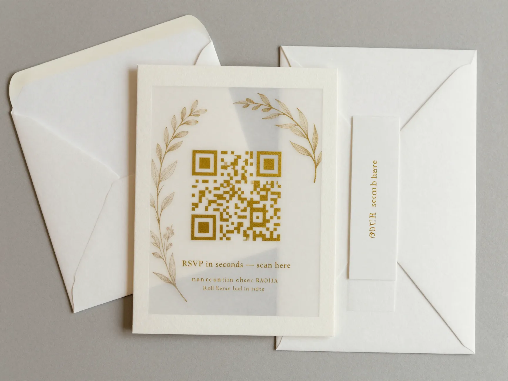 Gold foiled qr code on vellum overlay wedding invitation suite