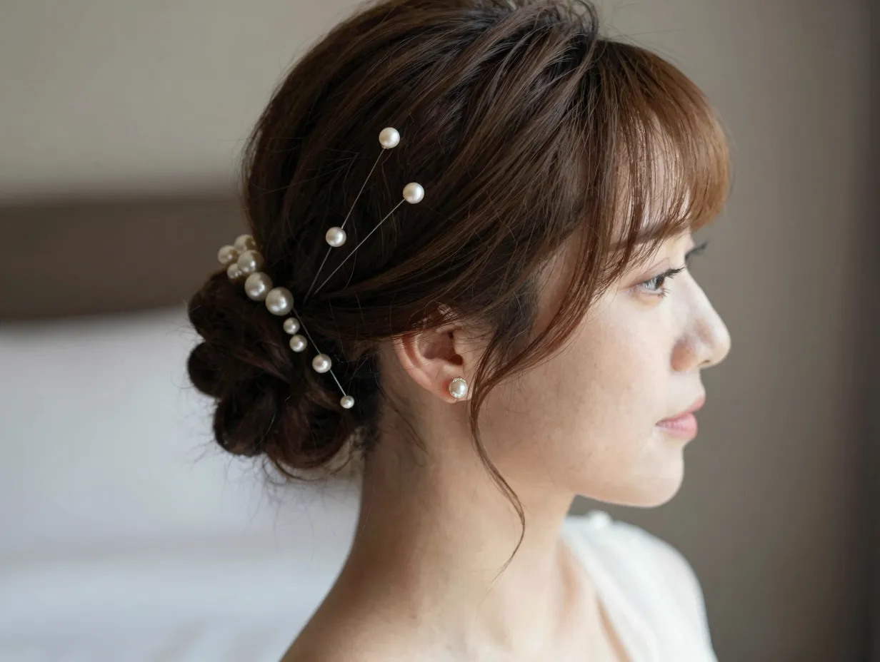 Soft low bun with pearl accents bridal hairstyle elegant feminine timeless