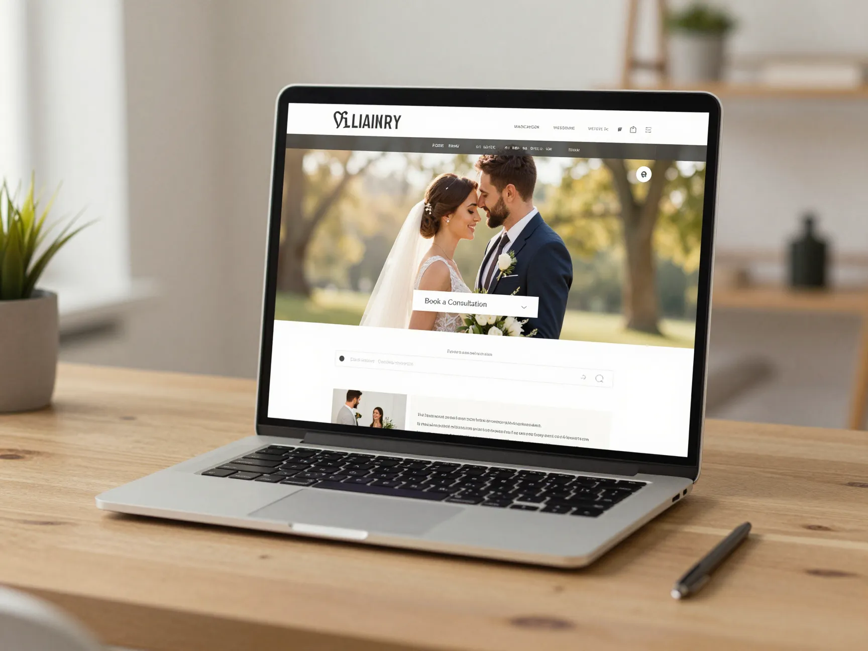 Wedding planner homepage digital storefront hero image call to action buttons