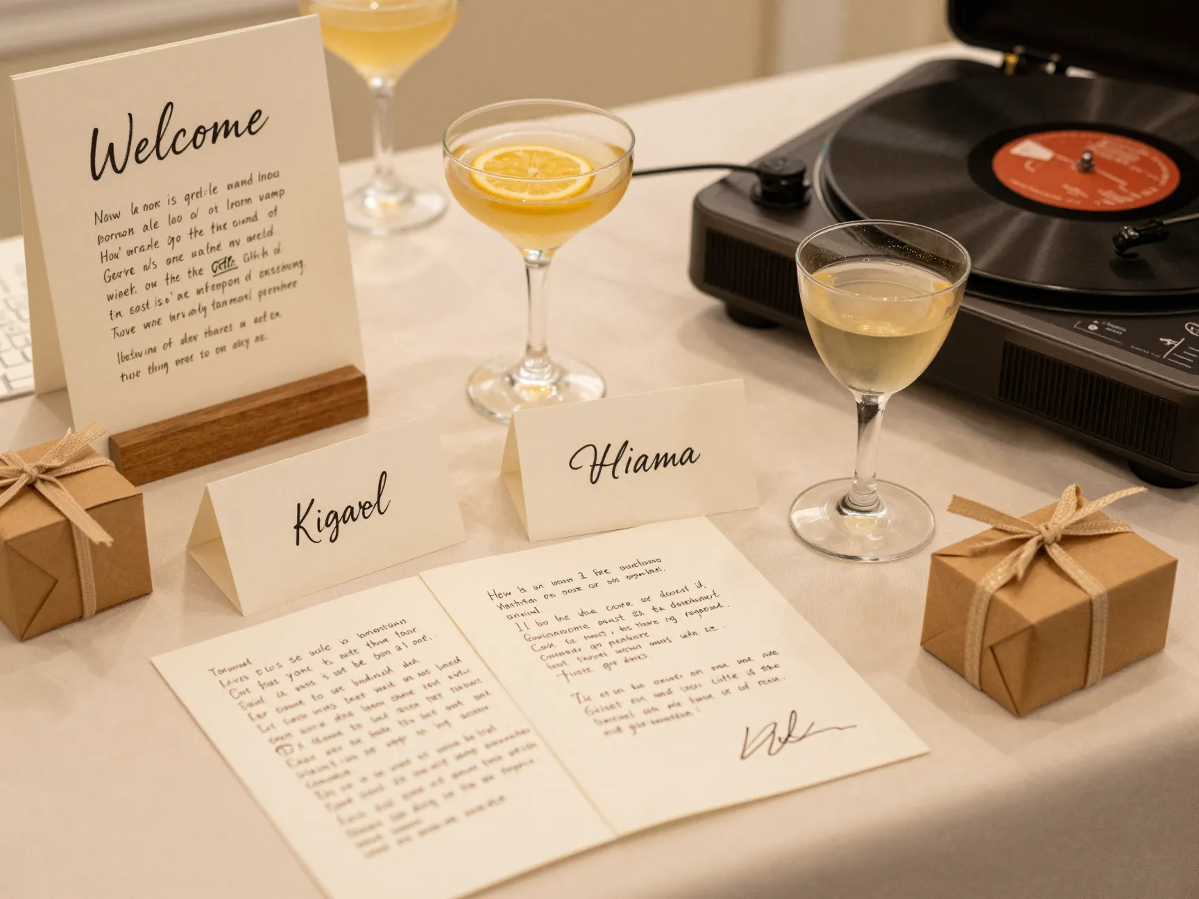 Personalized guest table with handwritten notes and signature cocktails