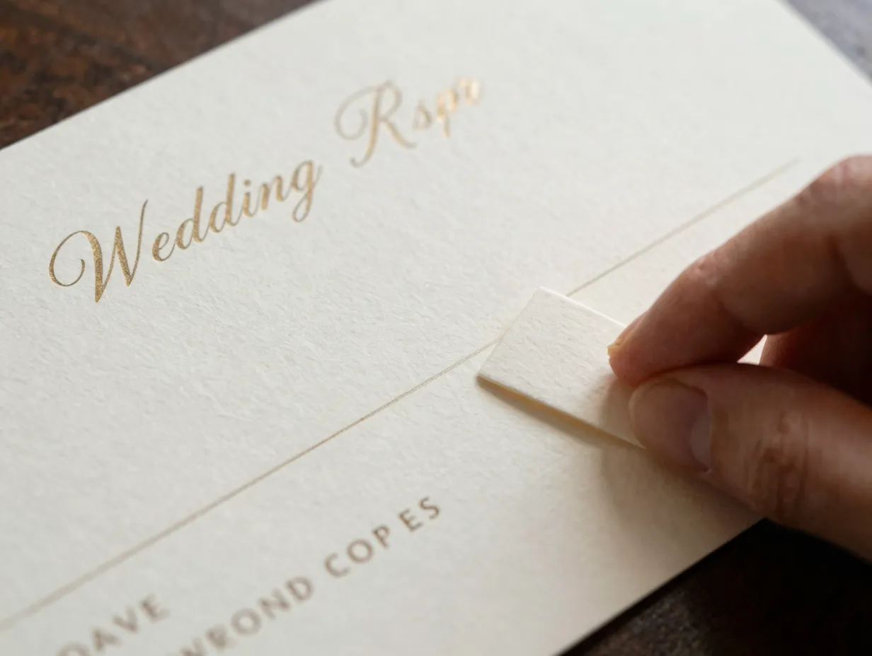 Tactile pull tab interactive wedding rsvp card close up