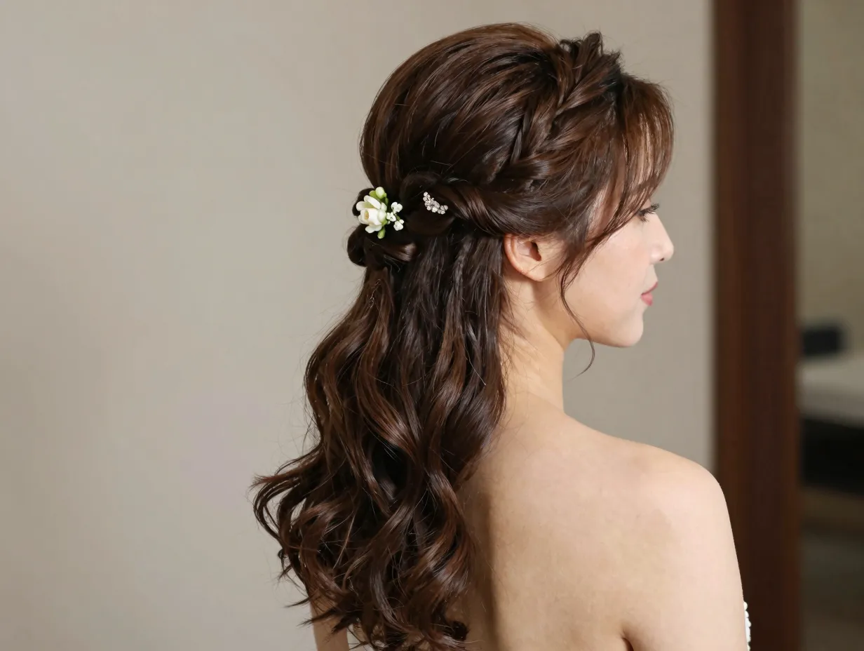 Twisted half updo medium length bridal hair elegant balanced romantic